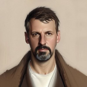 AI-generated, KI-generiertes, Mit künstlicher Intelligenz generiertes Portrait von Henning Gienger (Game Designer)