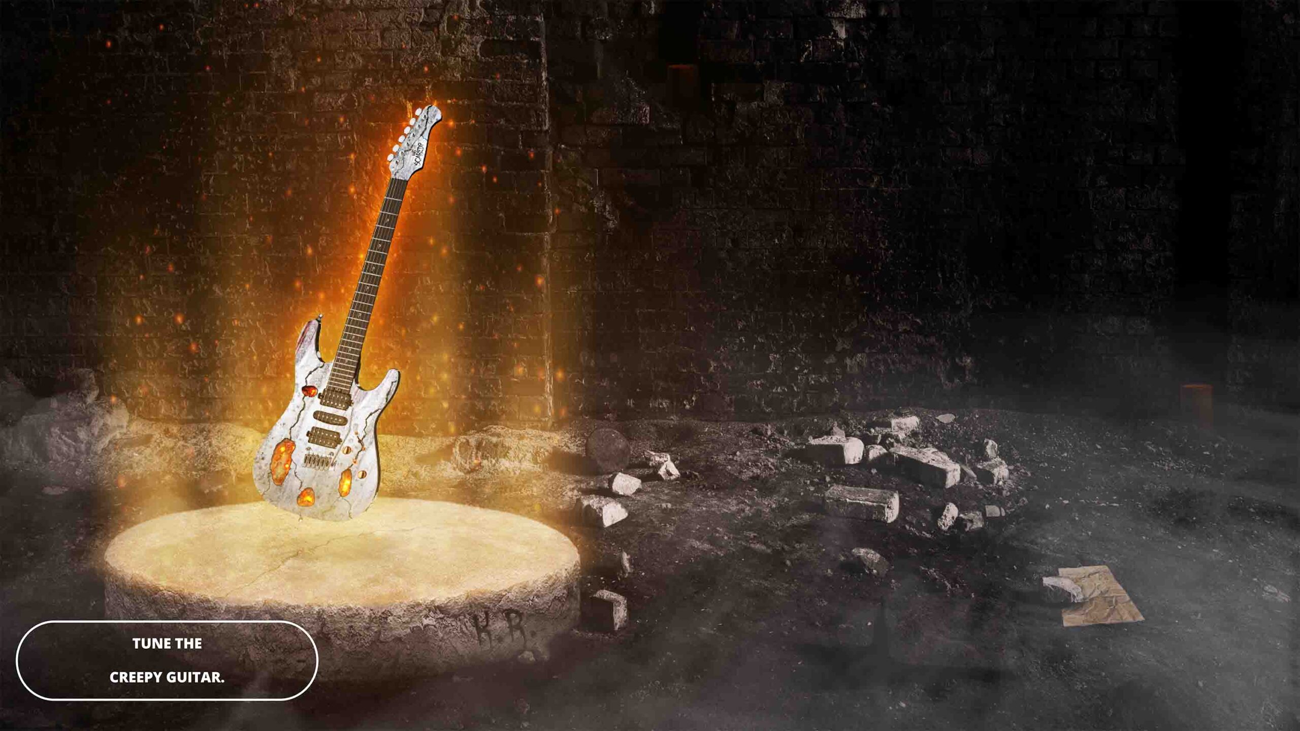 Eine verfallene Gitarre im Spotlight für den Online Escape Room für die Firma Thomann